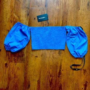 PrettyLittleThing blue cropped shirted puff sleeve top